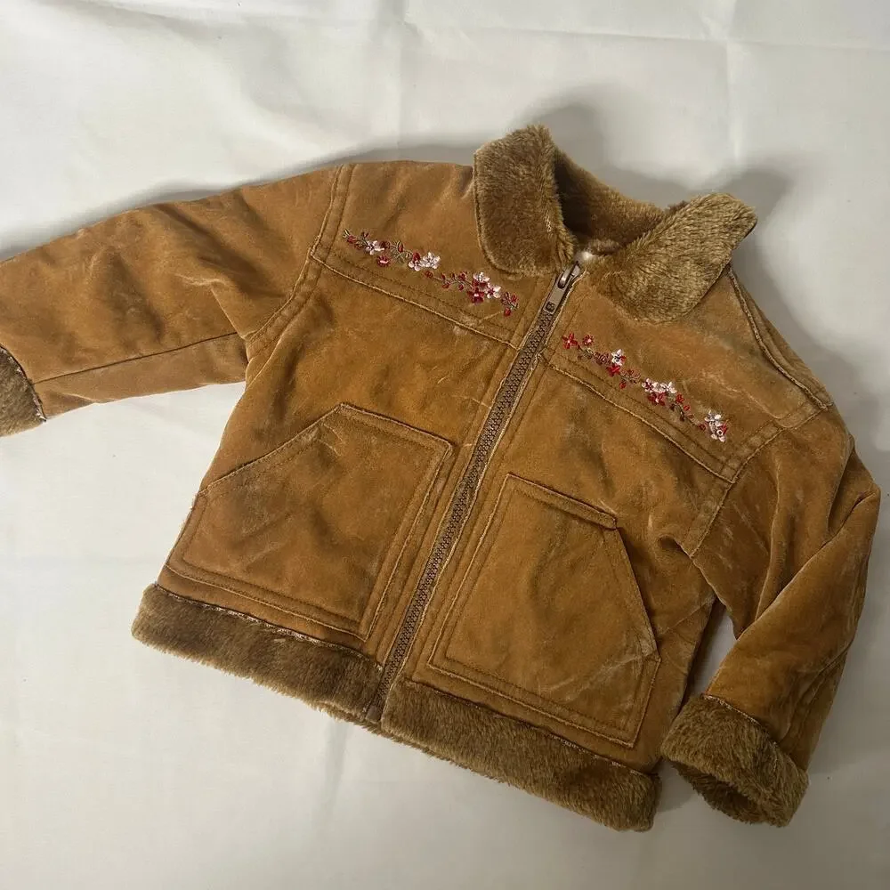Vintage B.T. Kids Floral Embroidered Brown Faux Fur Suede Jacket / Coat Sz 18 mo